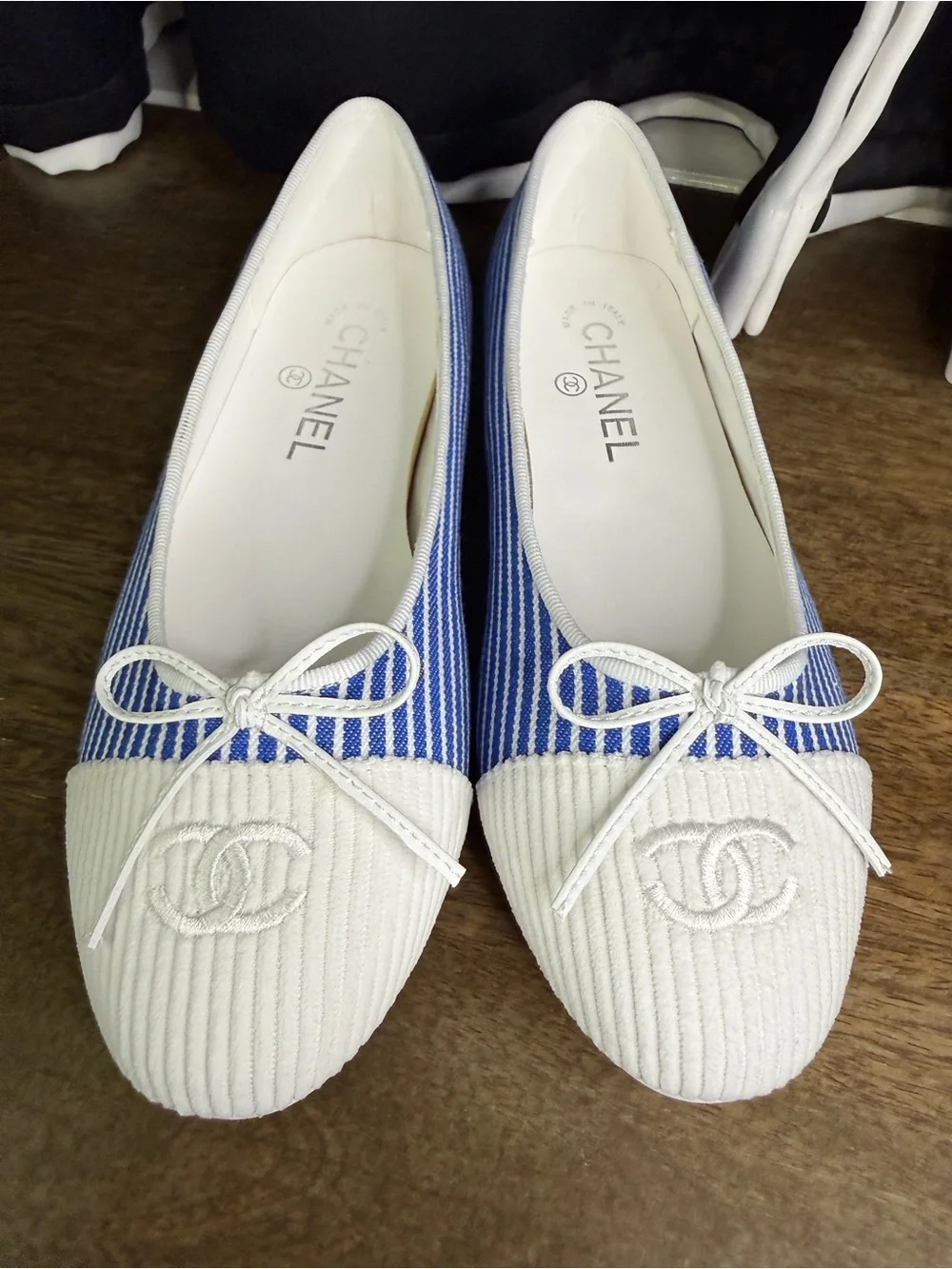CHANEL Blue and White Striped Ribbed Cap-Toe Ballerina Flats